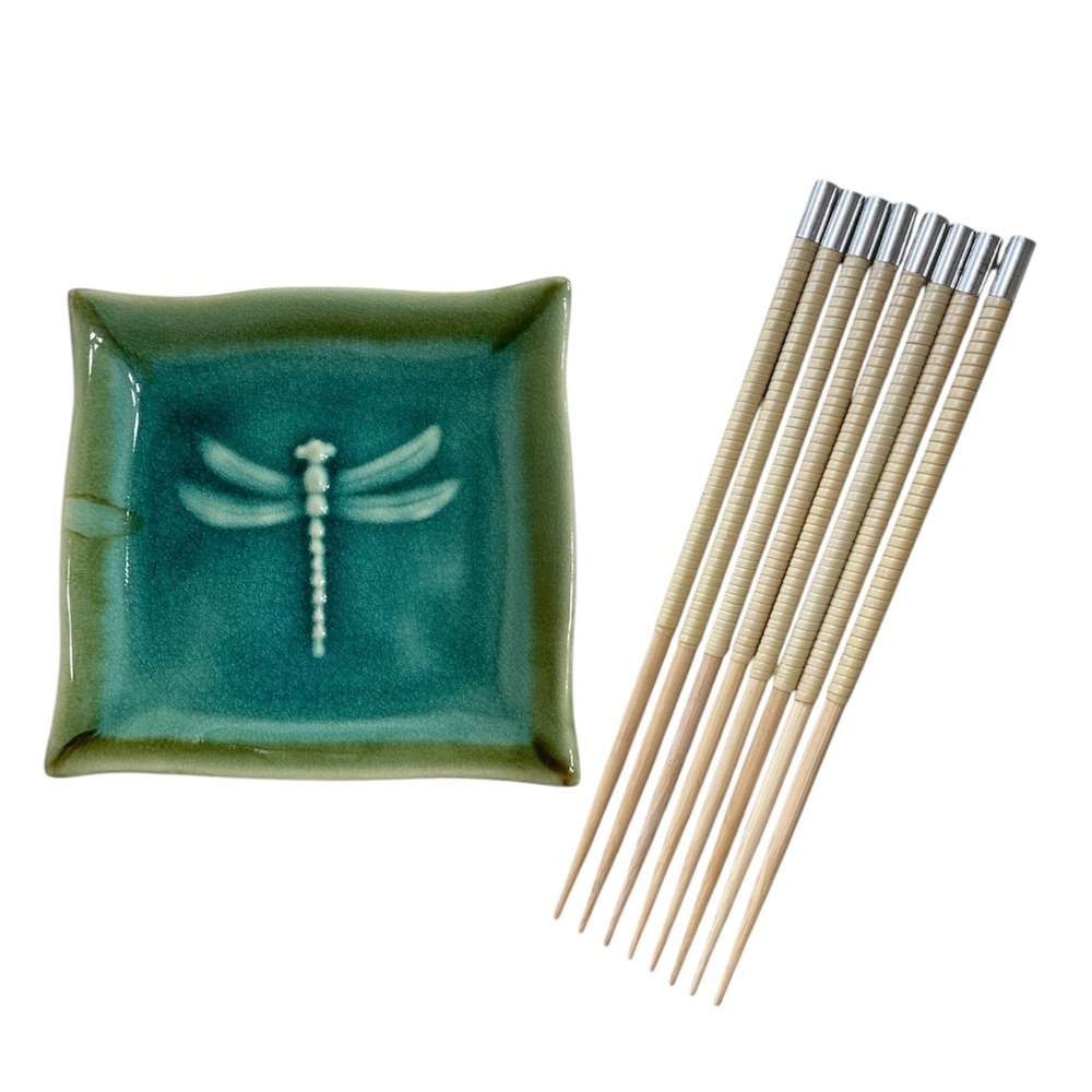 Dragonfly Motif Glazed Pottery Dish and Set/8 Bamboo Chopsticks